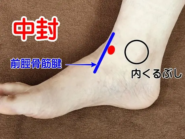 瘀血の改善に使うツボ「中封（ちゅうほう）」の位置

