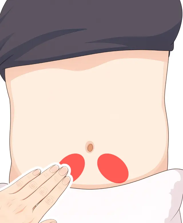 腹診で確認する瘀血の反応部位（お臍の斜め下）
