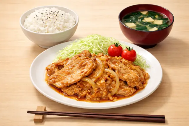 腎活にお勧めの生姜焼き、わかめの味噌汁、黒ごまをかけてごはん