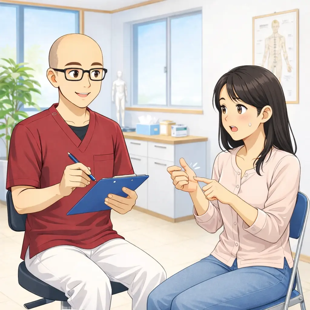 鍼灸院で親指のばね指を相談する女性