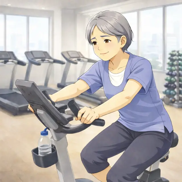 膝に負担をかけにくい運動としてエアロバイクを行う女性のイラスト