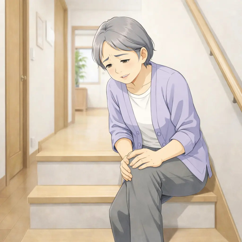 階段の上り下りで膝の痛みや腫れに困っている女性のイラスト