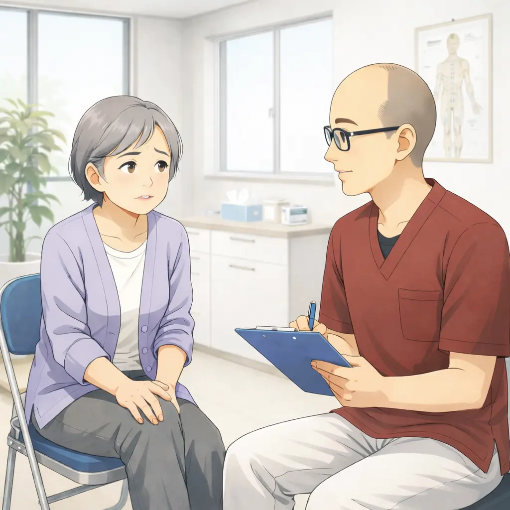 膝に水が溜まった痛みについて鍼灸師に相談している女性のイラスト