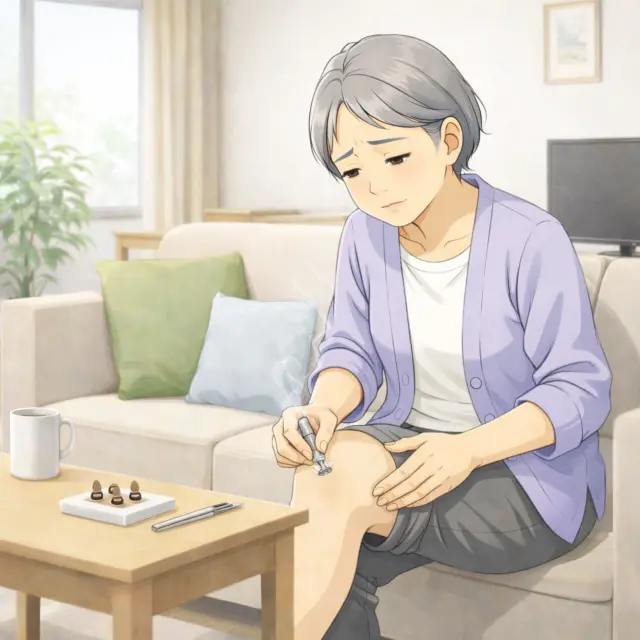 自宅のリビングで膝の不調に対してお灸をしている女性のイラスト