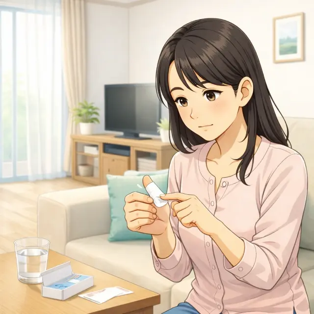 親指のばね指に湿布を貼っている女性