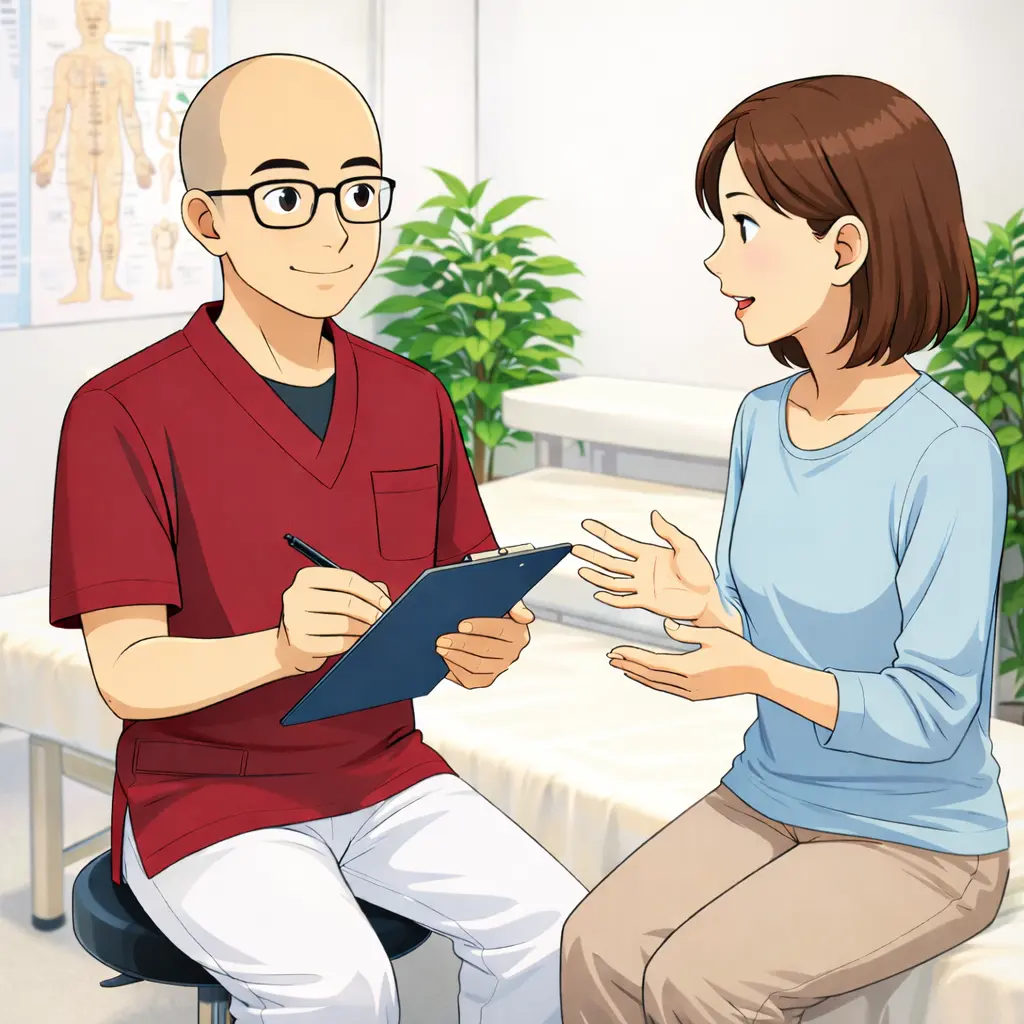 鍼灸師が問診で患者の話を丁寧に聞いている様子