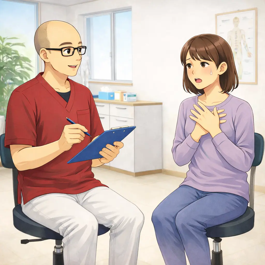 鍼灸院で息苦しさについて相談する患者と鍼灸師