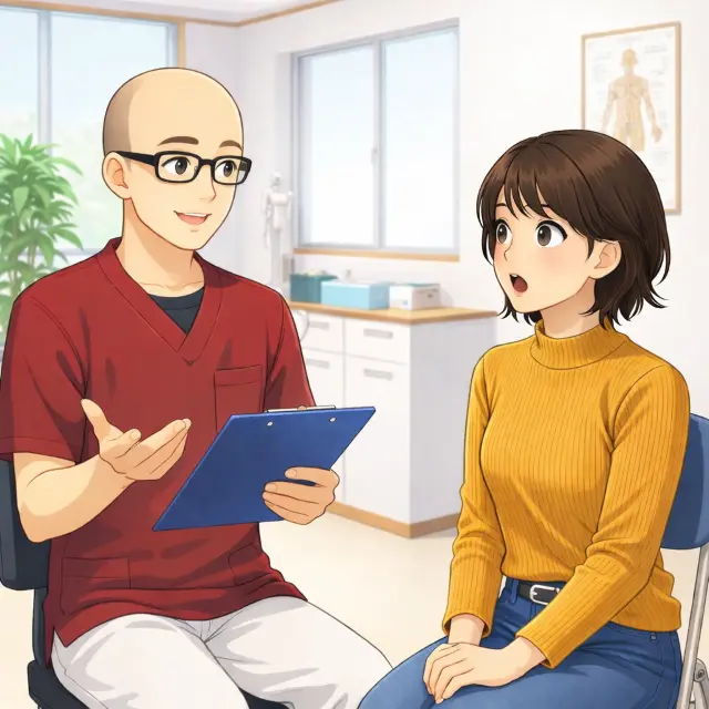 鍼灸院で腎の弱りについて説明を受ける女性
