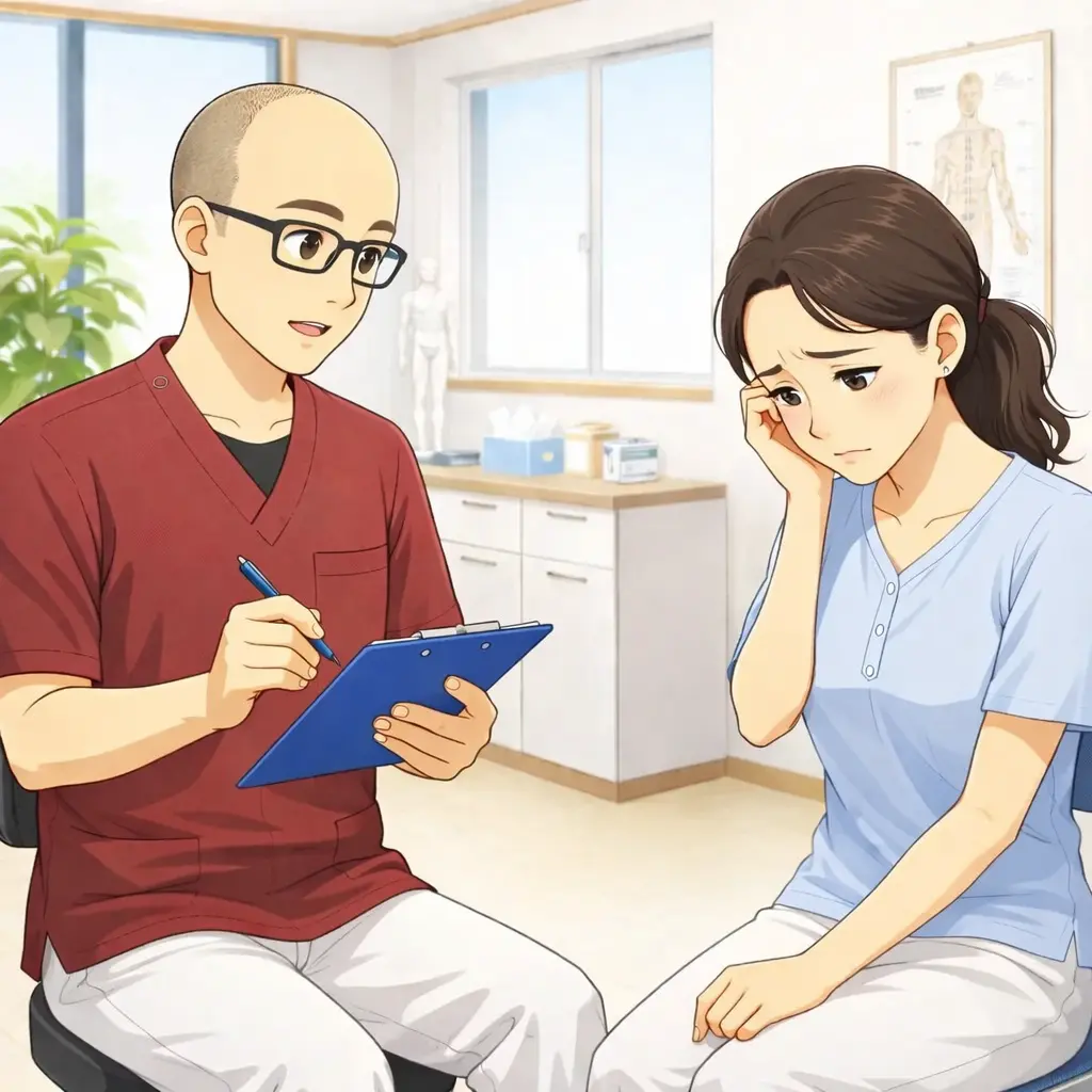 体調不良について鍼灸師に相談している女性