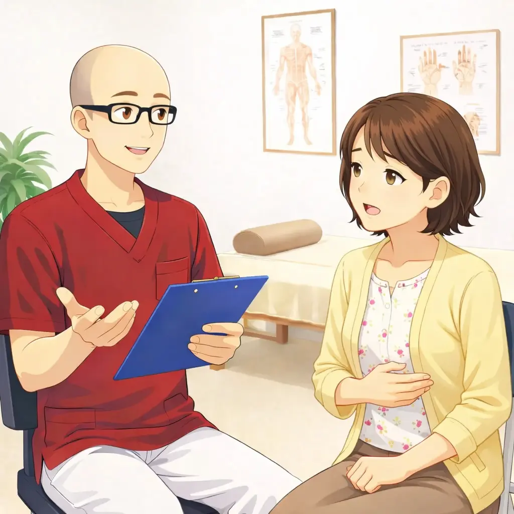 吐き気や胃もたれ、食後の不快感に悩み鍼灸院で相談している女性