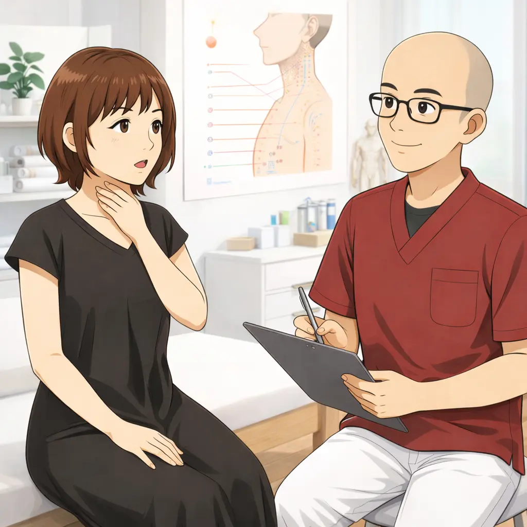 喉の痛みや腫れについて鍼灸院の先生に相談しているイラスト