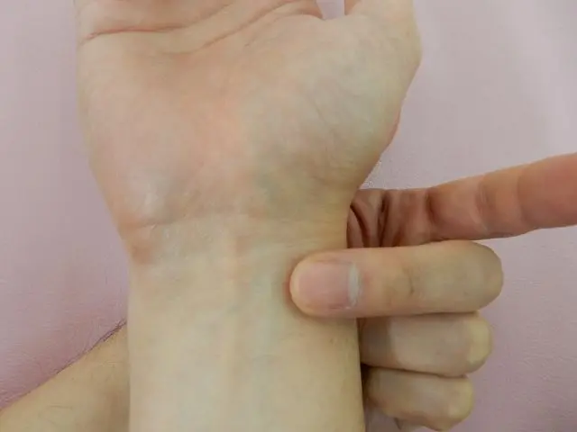 手首の撓骨茎状突起の位置に中指を当て脈を診ている図