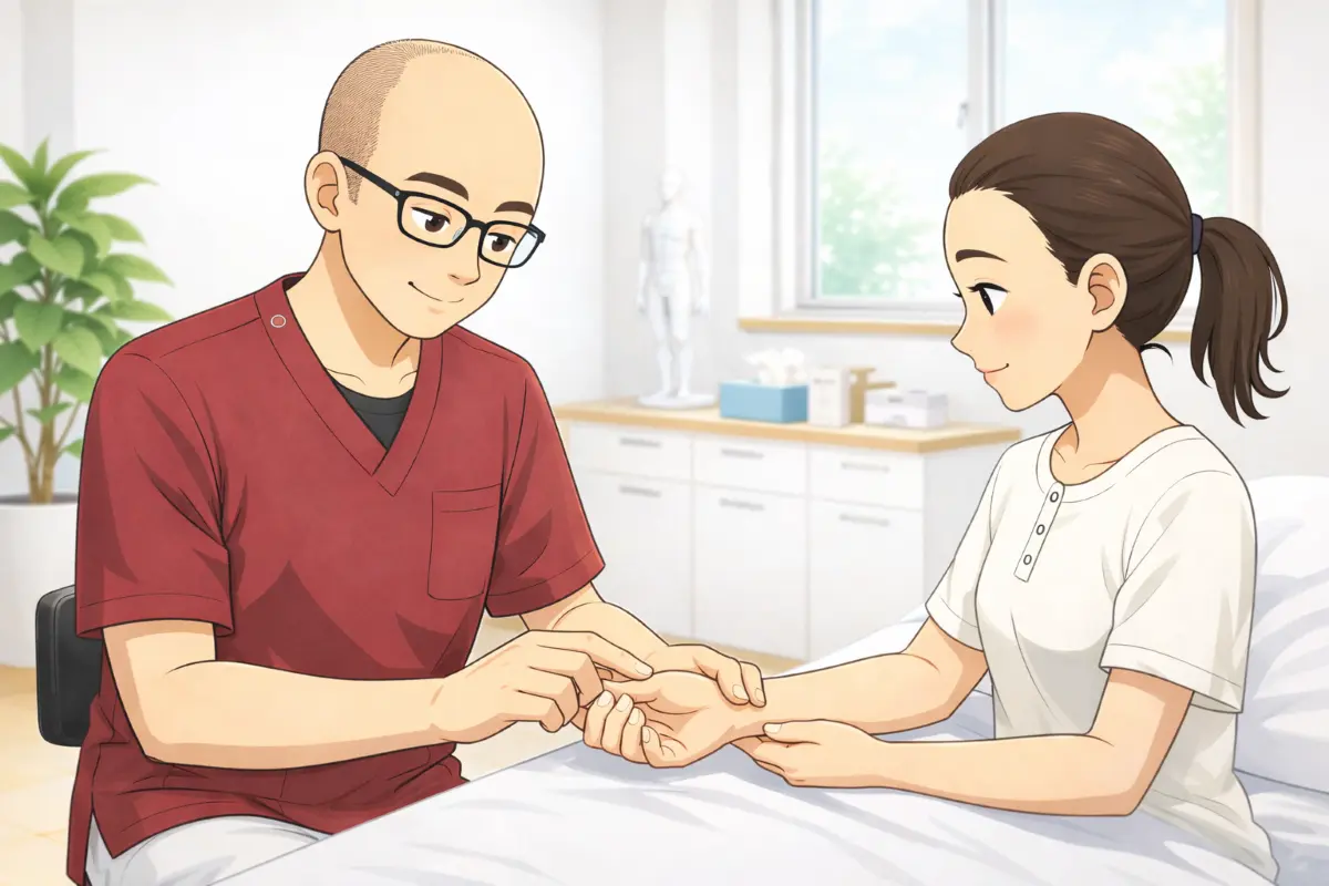 鍼灸師が施術前に脈診で患者の体調を確認している様子