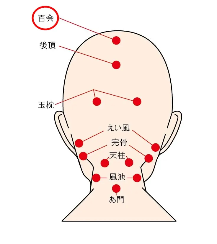 痔のセルフケアで補助的に使われるツボ「百会」の位置
