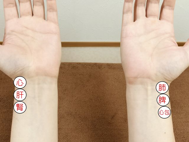 脈診で五臓の状態をみる手首の位置を示した図