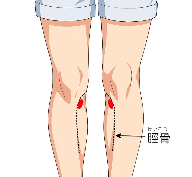 ふくらはぎ内側の骨沿いにある陰陵泉の見つけ方を示した図解