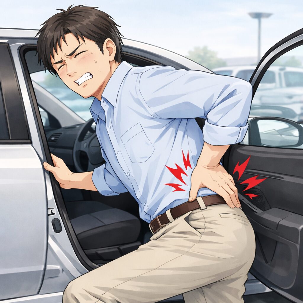 車から降りる際に腰を押さえる男性