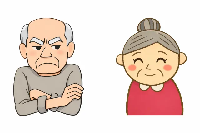 頑固な人とおおらかな人を対比させた男女のイラスト