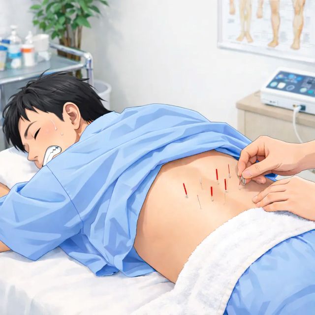 鍼治療の刺激を痛がる男性