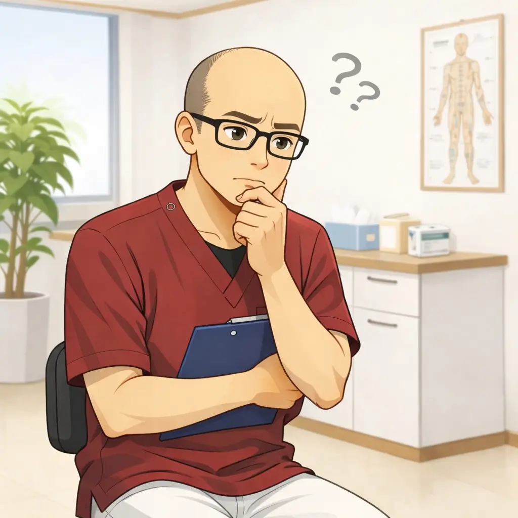 鍼の効きやすい人と効きにくい人の違いについて考える鍼灸師のイラスト