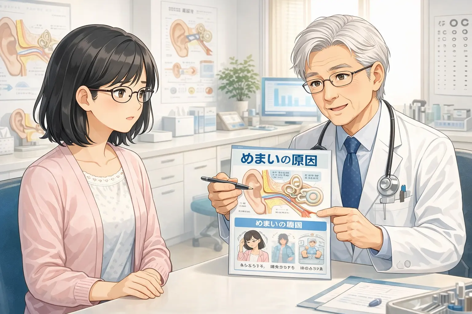 めまいの症状について説明を受ける女性