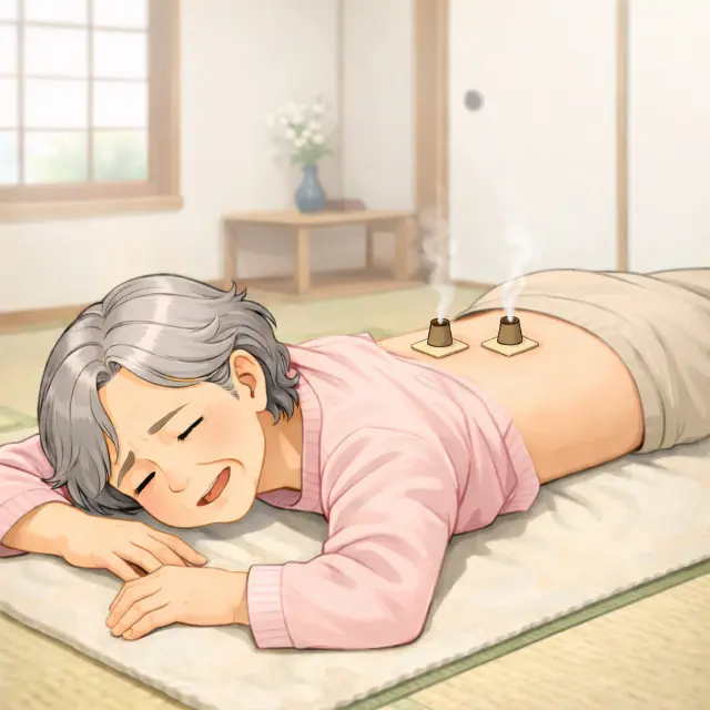 自宅で腰にお灸を行いセルフケアをしている女性
