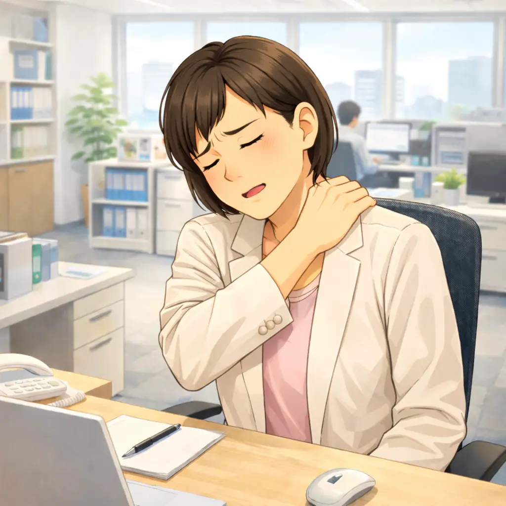 首や肩の痛みに悩む女性（幸手市で鍼灸を検討しているイメージ）