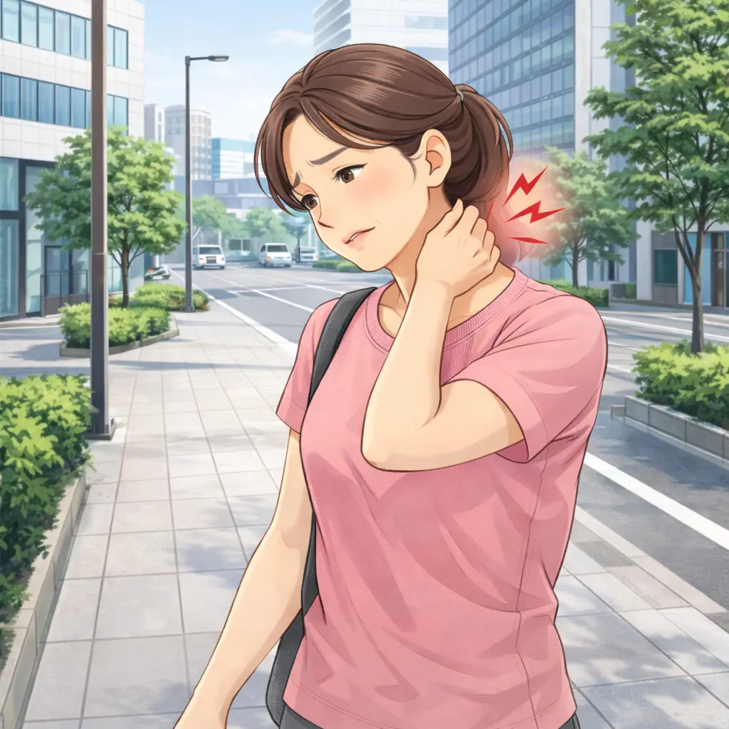 5日前から続く寝違えで首を押さえる女性