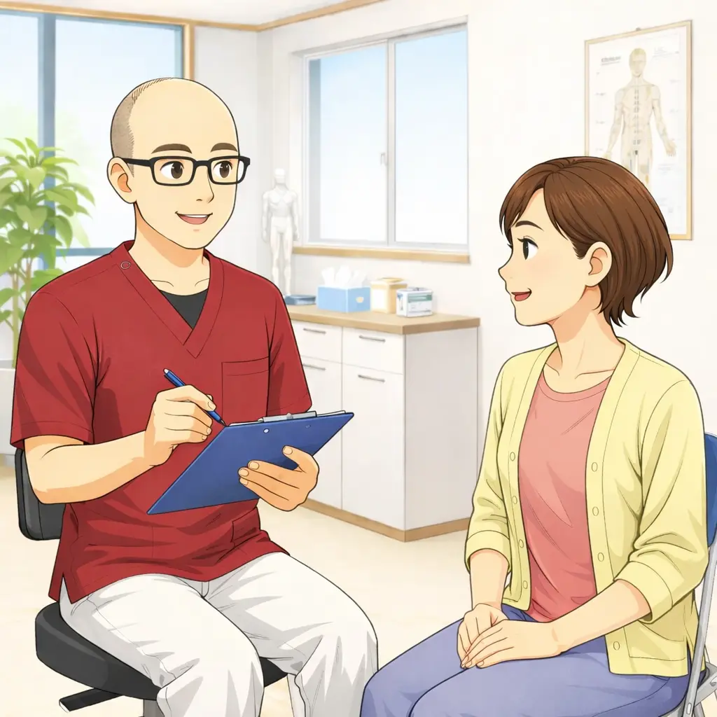 鍼灸院で更年期に体調不良を鍼灸師に相談する女性