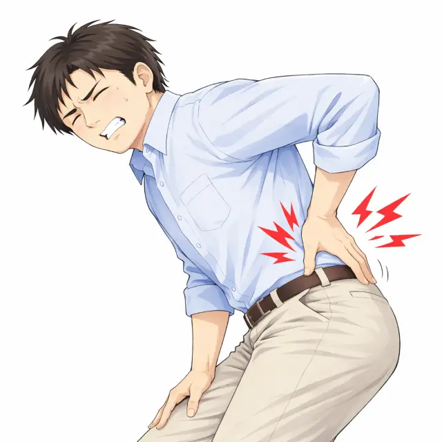 ぎっくり腰で腰をおさえる男性
