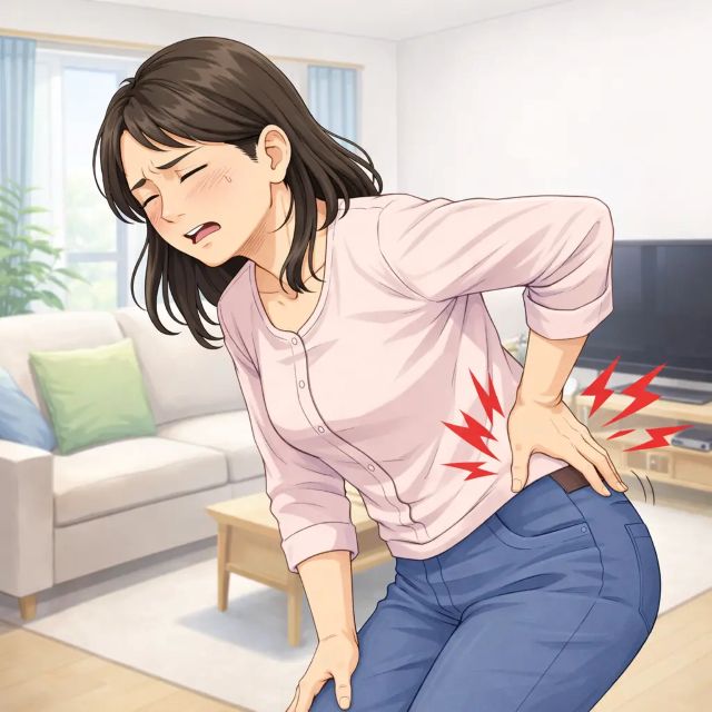 腰痛で腰を押さえる女性