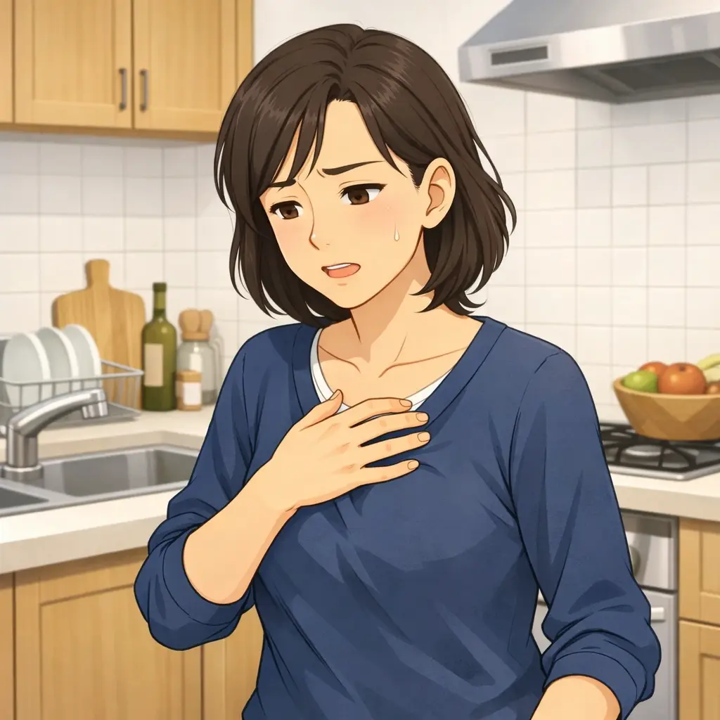 動悸で胸を押さえる女性