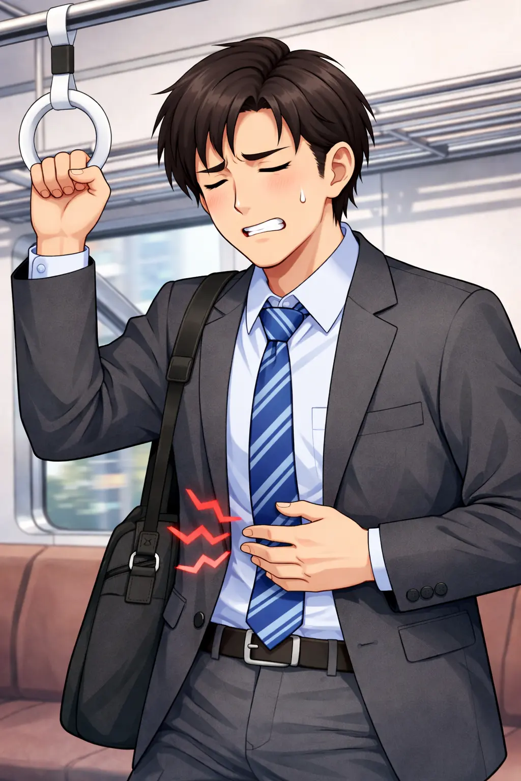 通勤中に腹痛を感じる男性