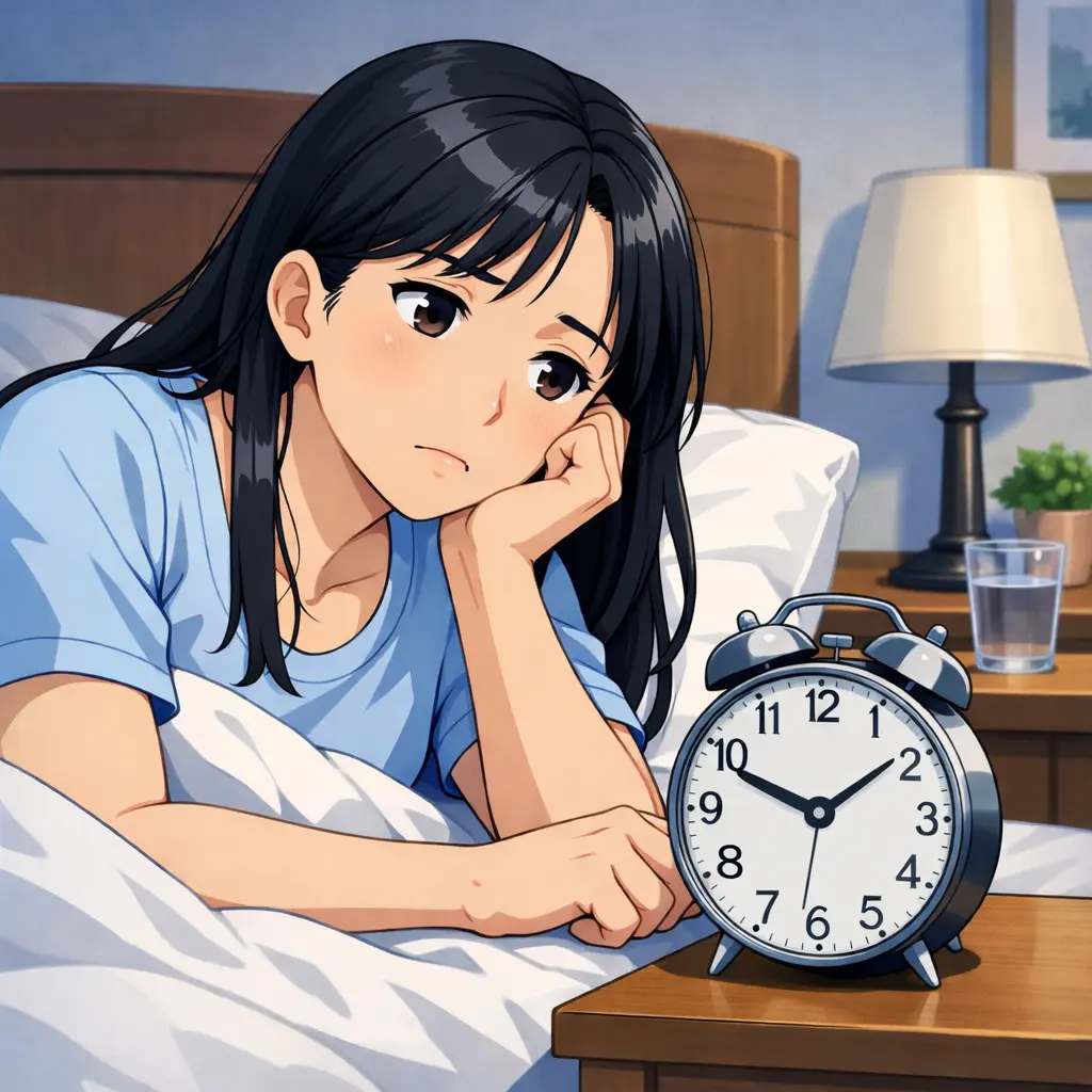 ベッドで眠れずにいる女性