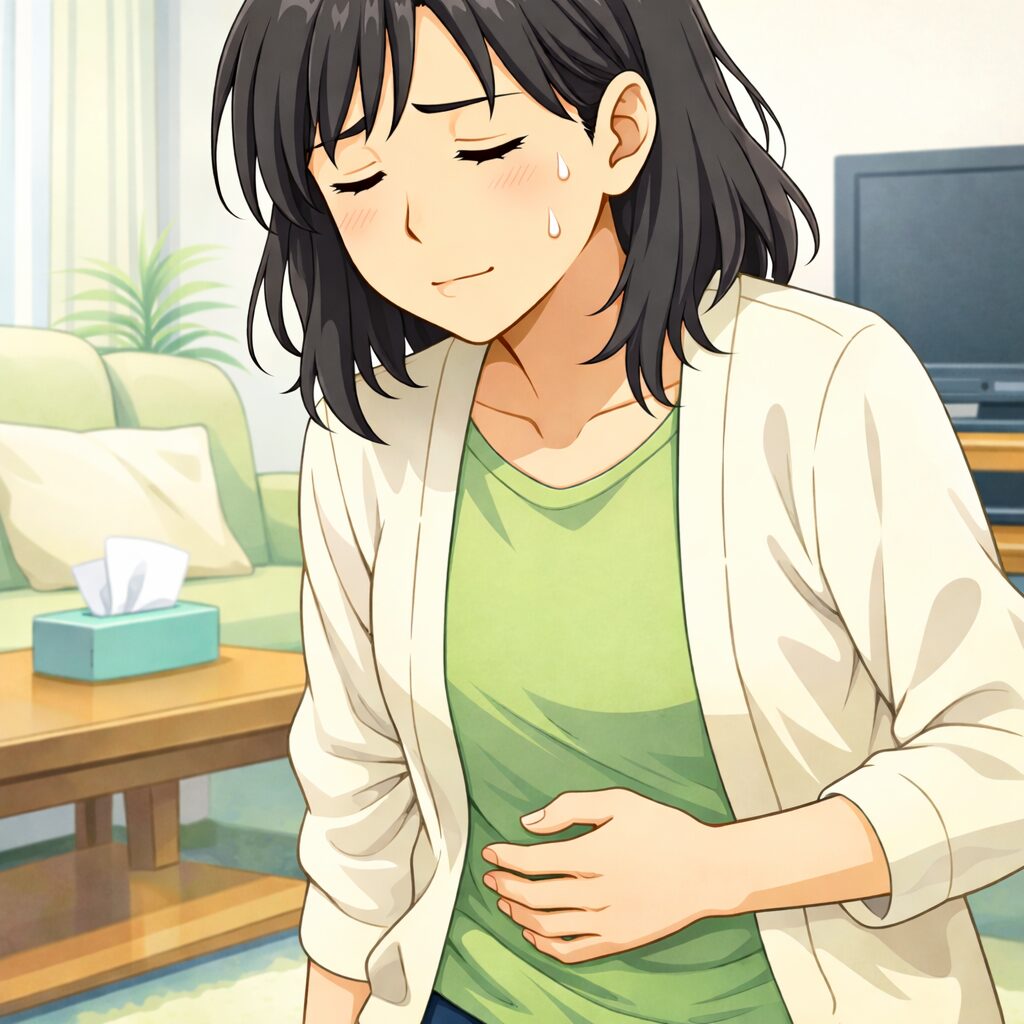 胃のあたりに不快感を感じる女性