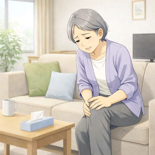 膝の痛みで膝を押さえている女性