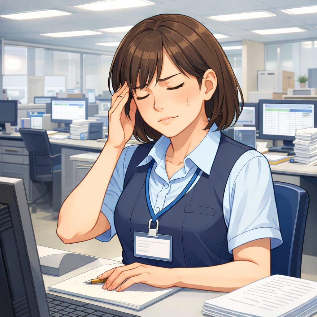 頭痛で頭を押さえる女性