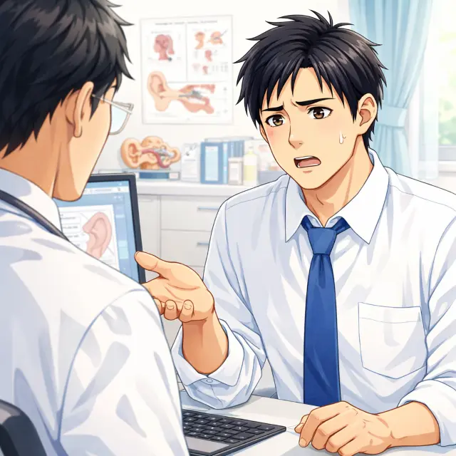 突発性難聴について耳鼻科で相談する男性