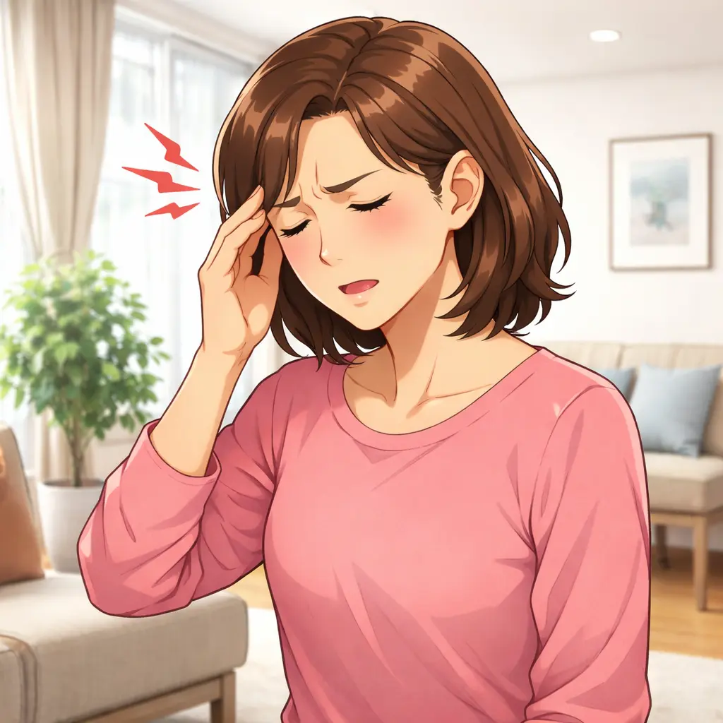 頭痛でこめかみを押さえる女性