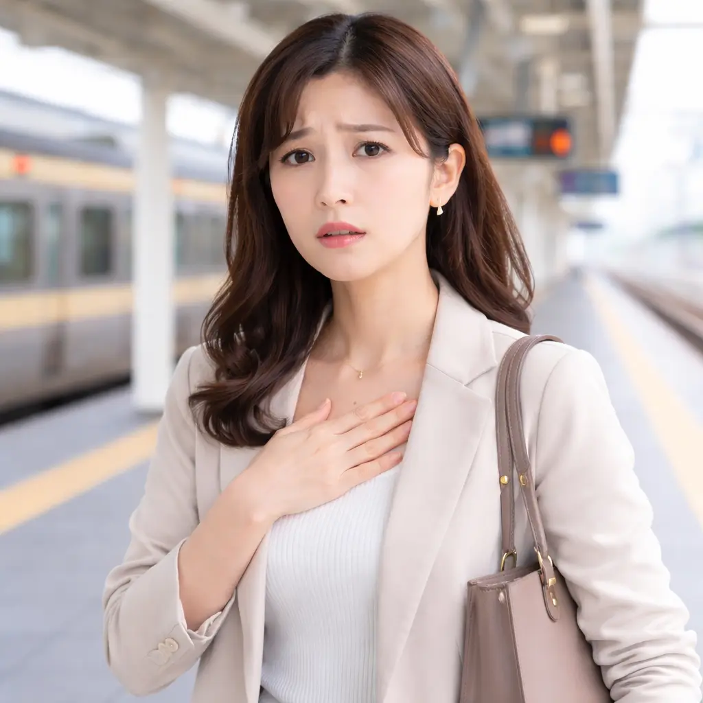 胸に手を当てている女性