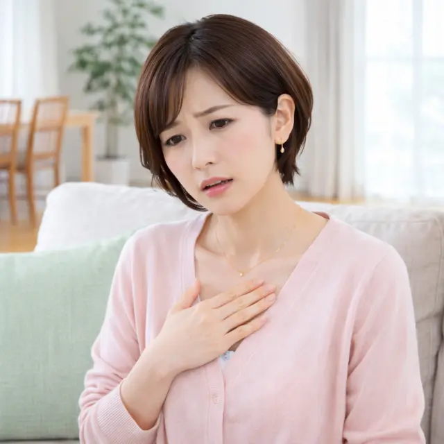 胸に手を当てている女性