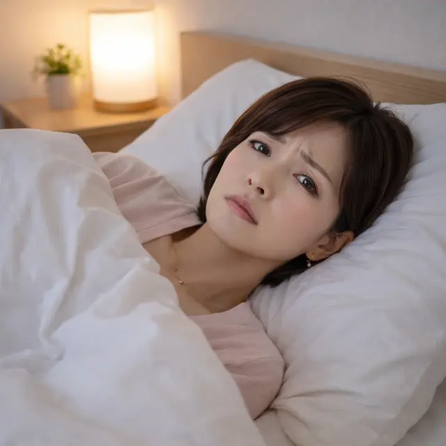 布団に入って目を開けている女性