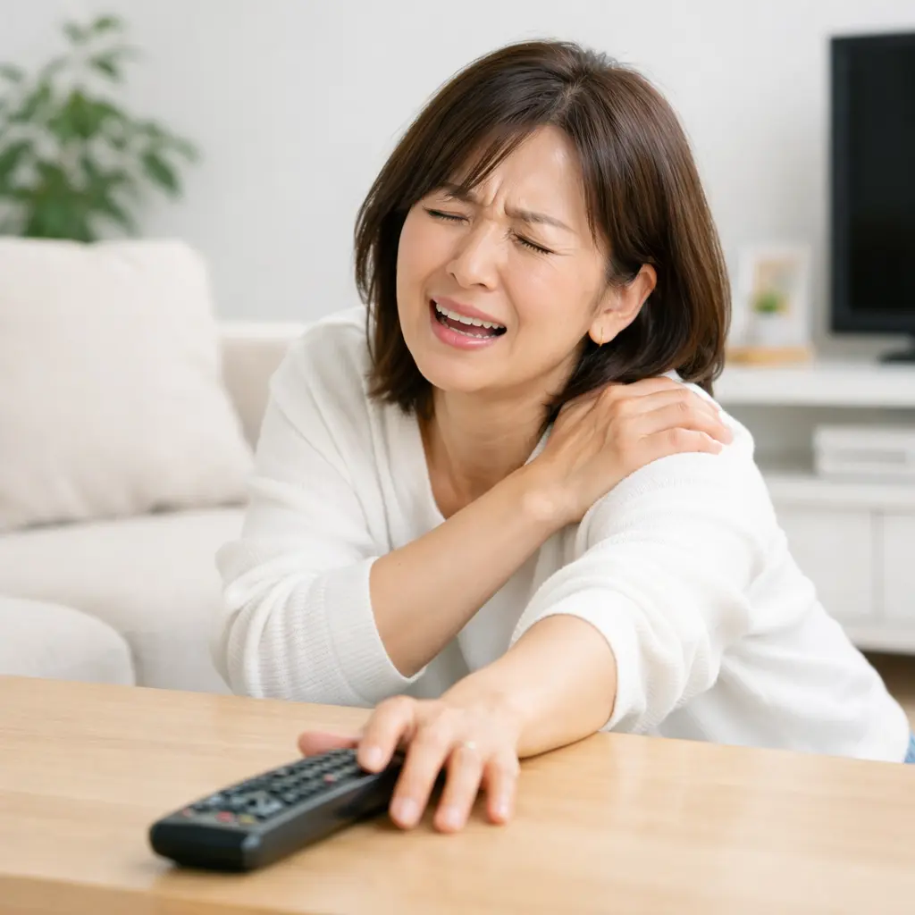 右手で肩を押さえている女性