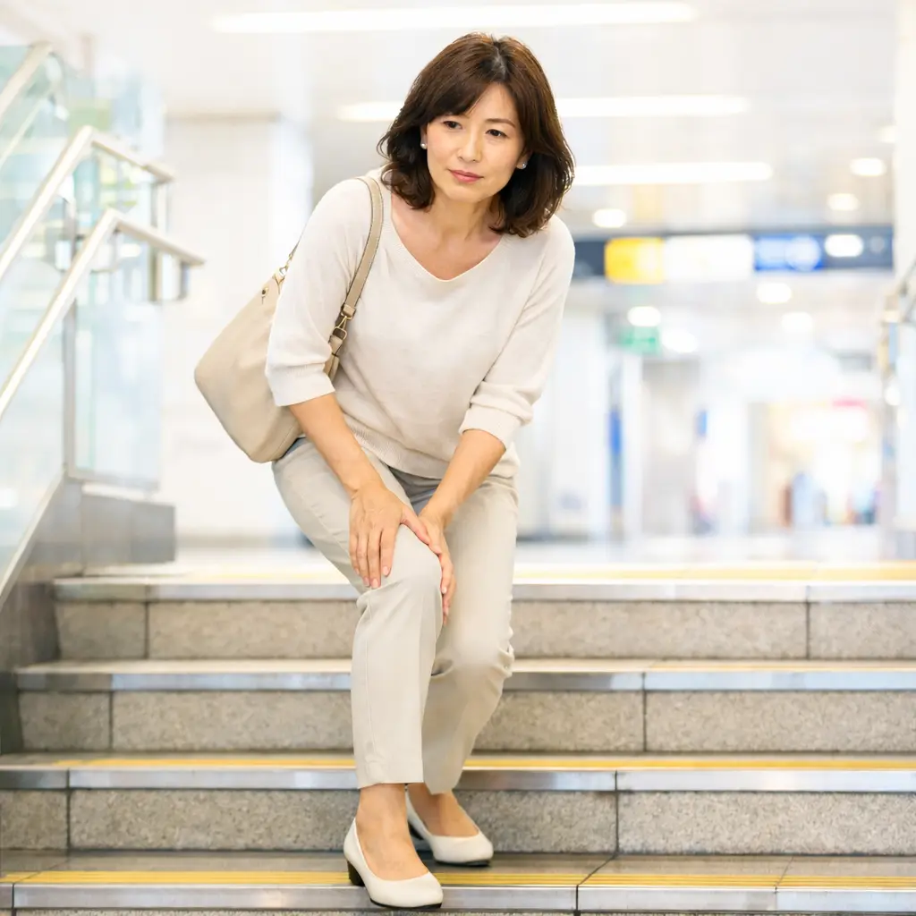 駅の階段で膝を押さえる女性