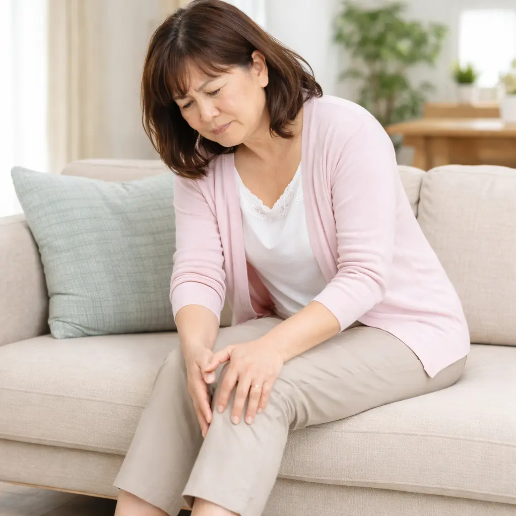ソファーに座り膝を押さえている女性