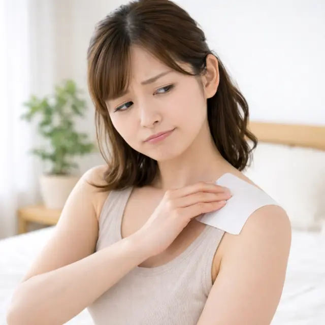 シップを肩に貼る女性