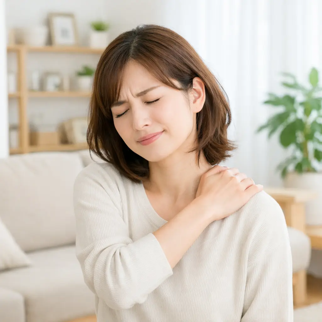 肩に手を当てる女性