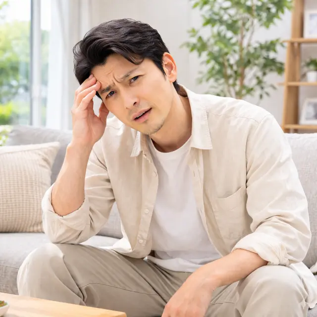 頭を押さえ考え込んでいる男性
