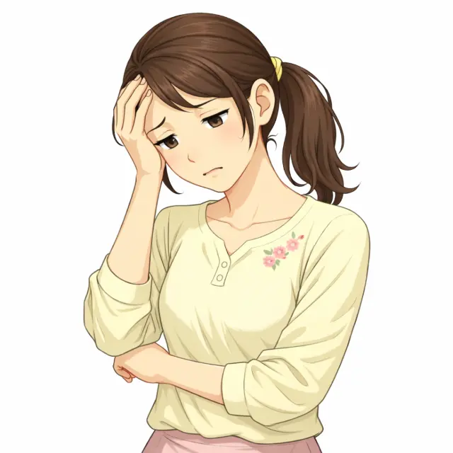 頭に手を当て考え込む女性