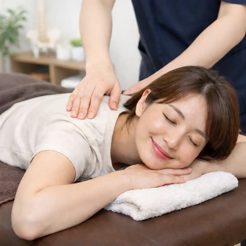 肩まわりのマッサージを受ける女性